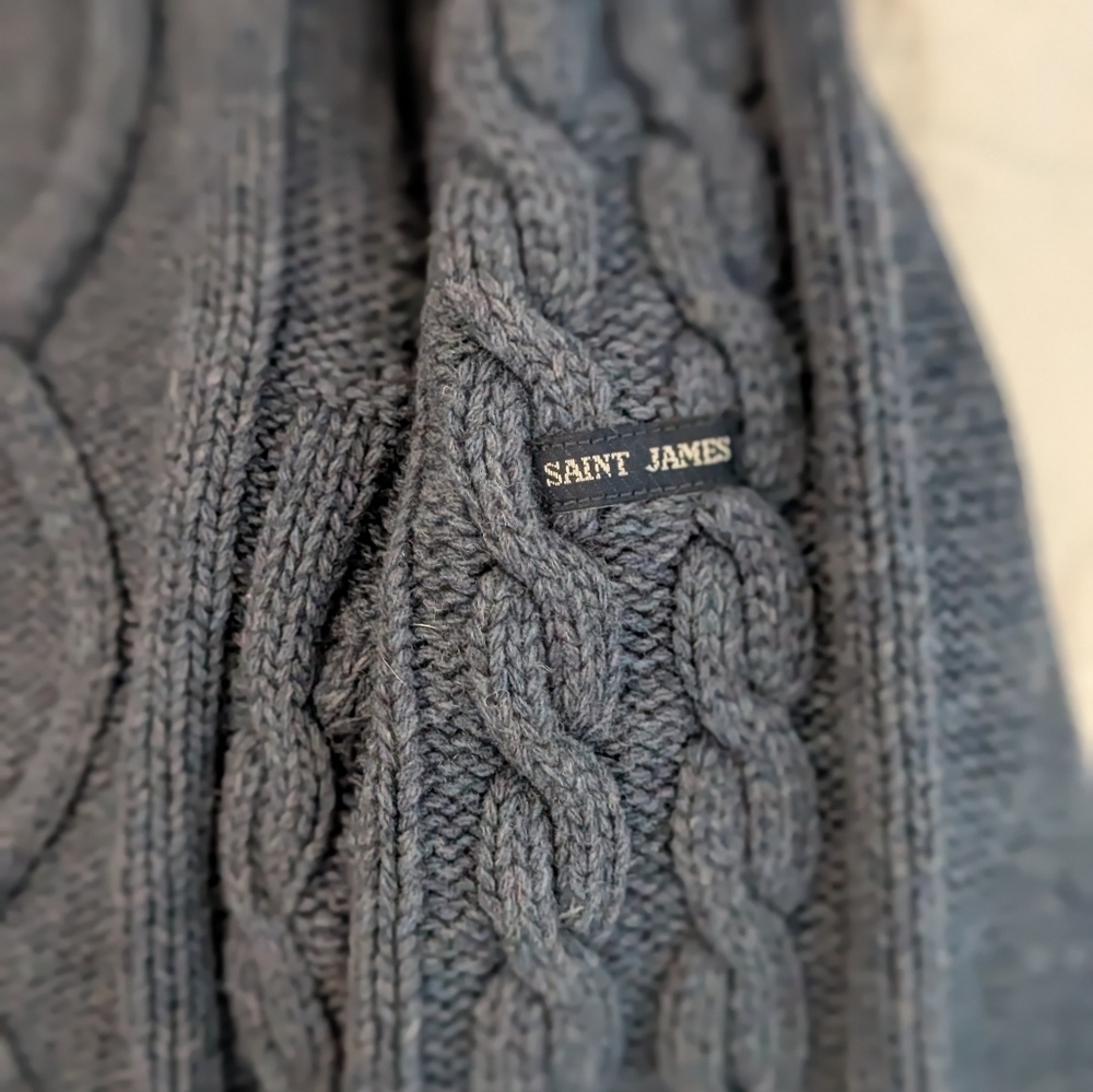 Saint James Men’s Navy Cable Knit Wool Blend Shawl Collar Sweater - Size M - Picture 2 of 12